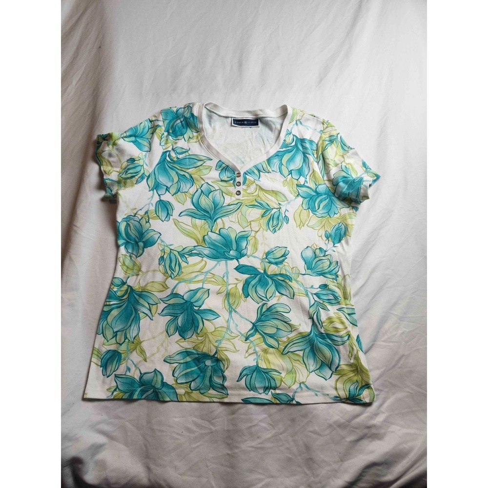 Karen Scott Top Womens White Teal Floral Henly V-Neck Short Sleeve Casual Tee